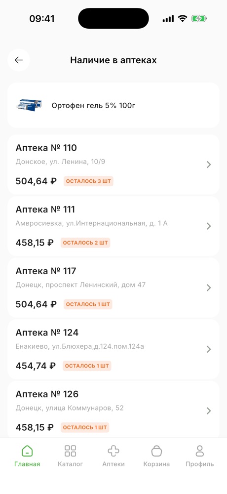 Наличие товара по аптекам с адресами, ценами и остатками