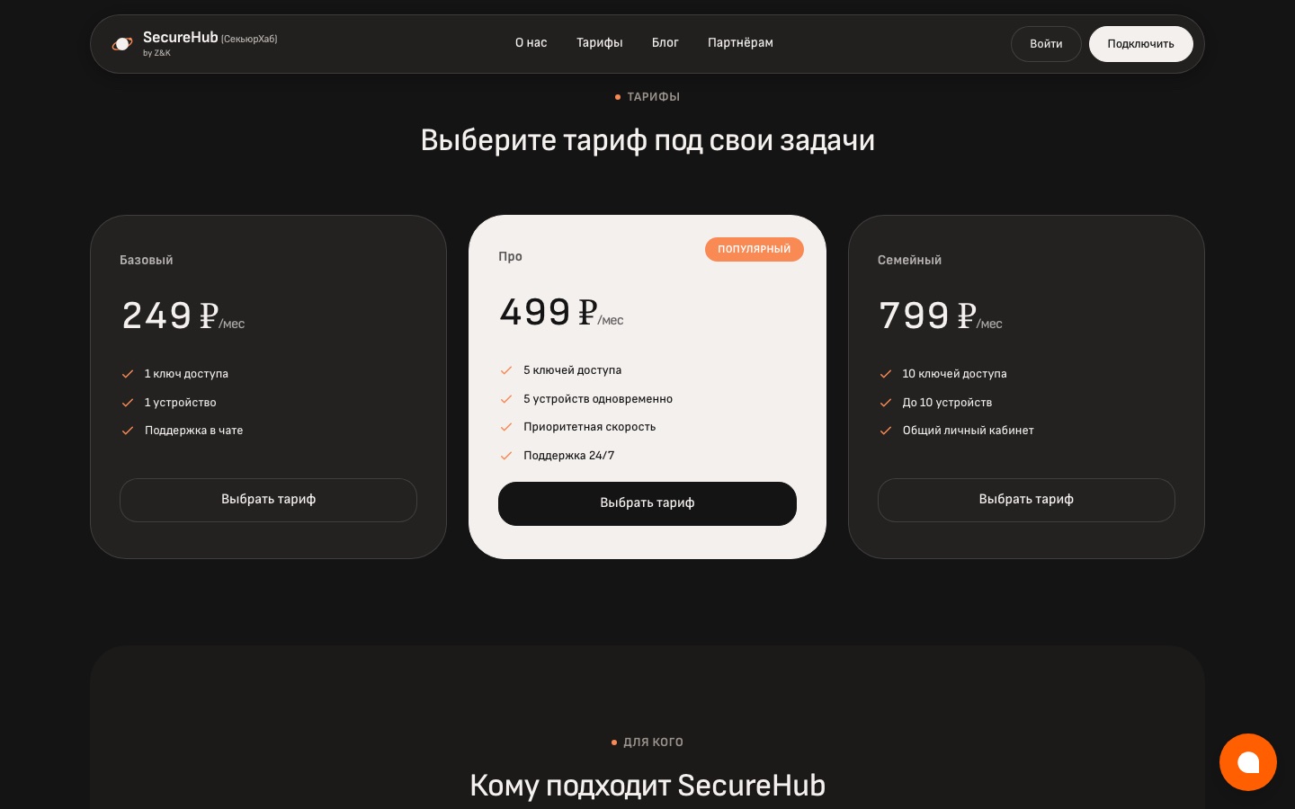 Тарифы SecureHub: Базовый, Про и Семейный