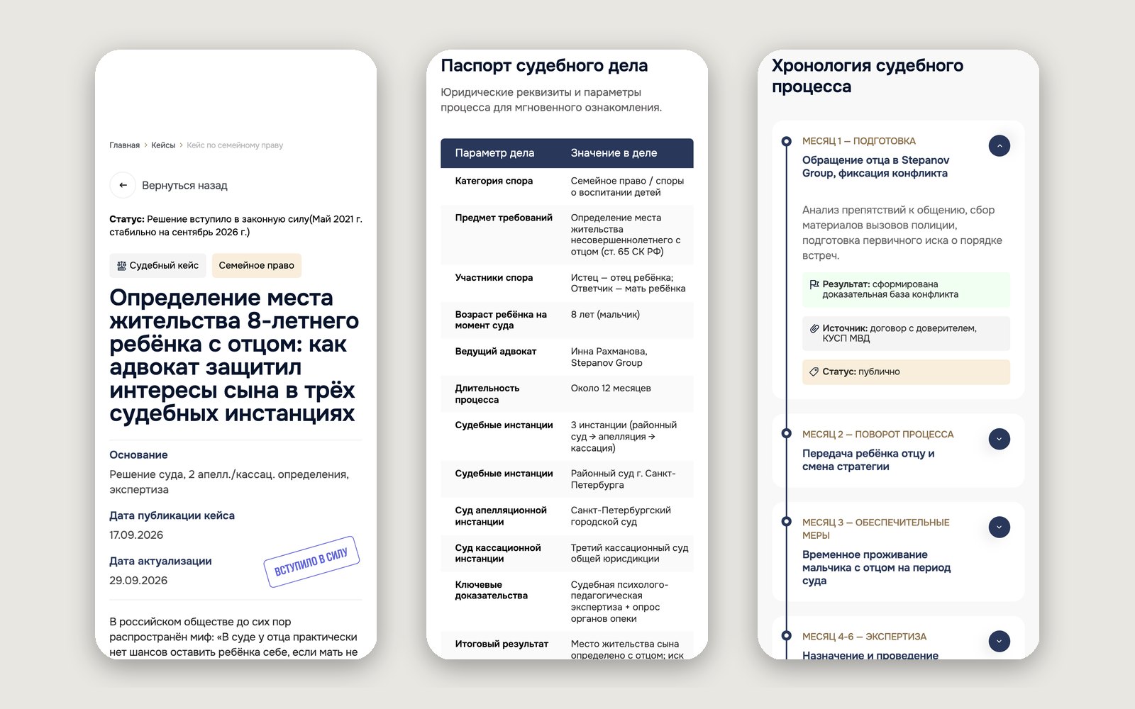 Мобильная версия страницы-кейса: шапка, паспорт дела и хронология